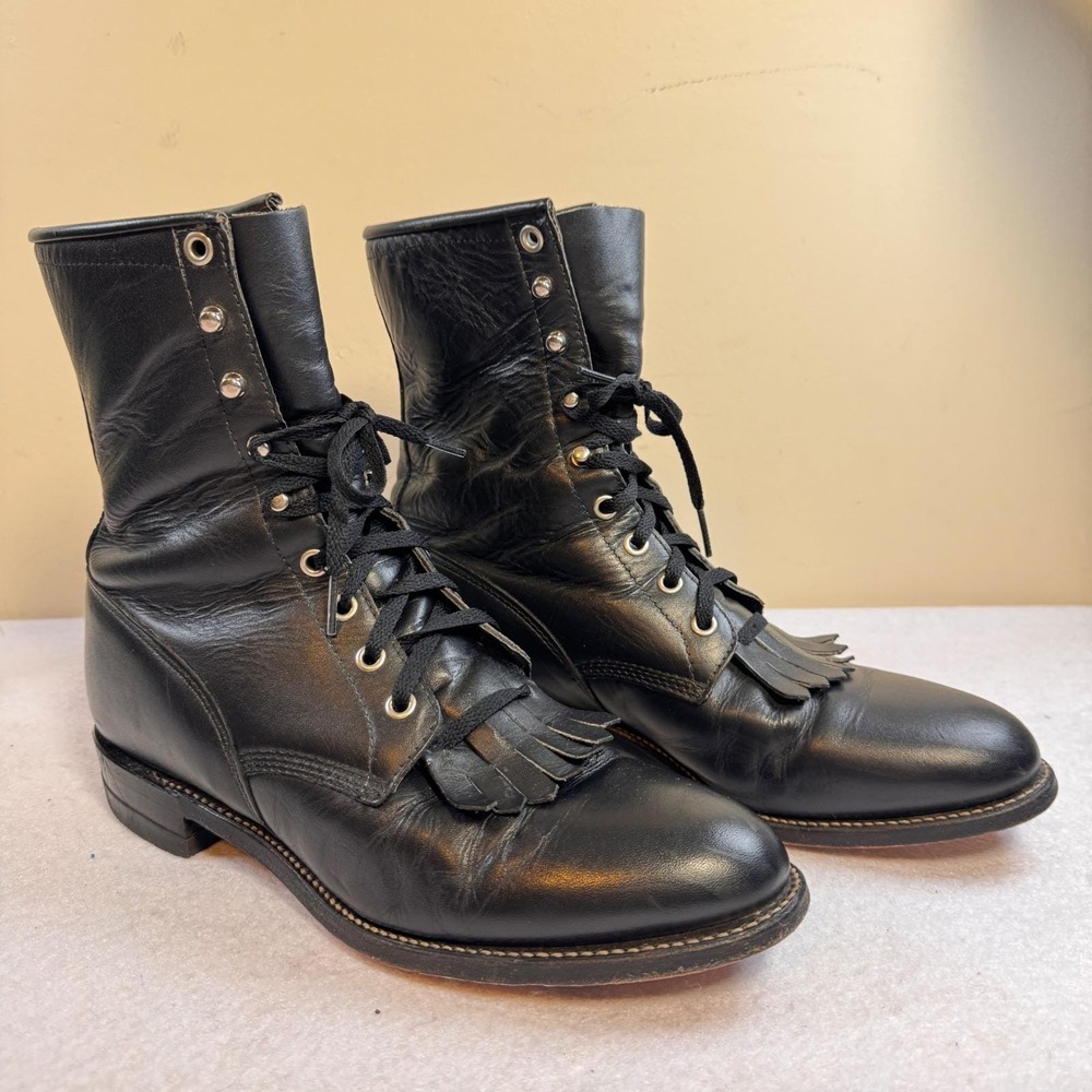 Justin Mens Black Leather Lace Up Kiltie Western Work Boots Size 8.5 D USA